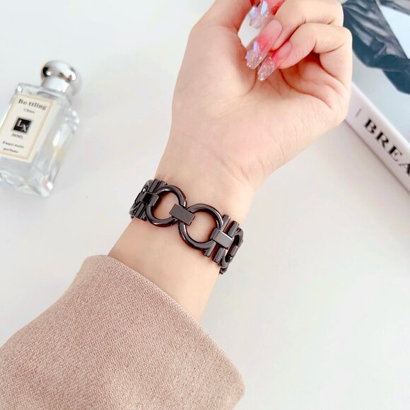 Apple Watch Band Adjustable Stylish Circle Silver Stainless Chain Band - Black - Picture 5 of 5